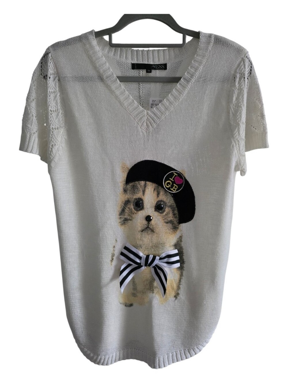 NWT NESS White Short Sleeve Knit Kitten Sweater with Beret & Ribbon Bow